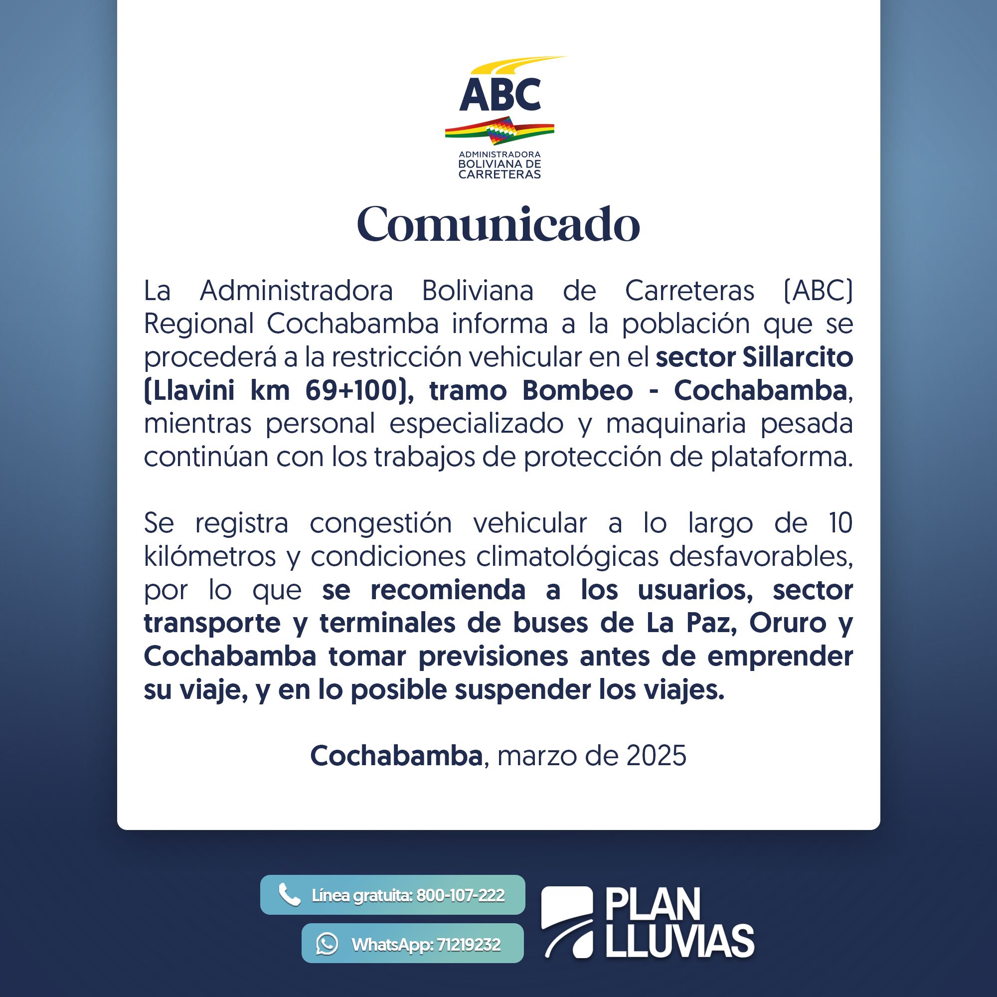 Recomiendan suspender viajes a La Paz, Oruro y Cochabamba por condiciones climatológicas desfavorables