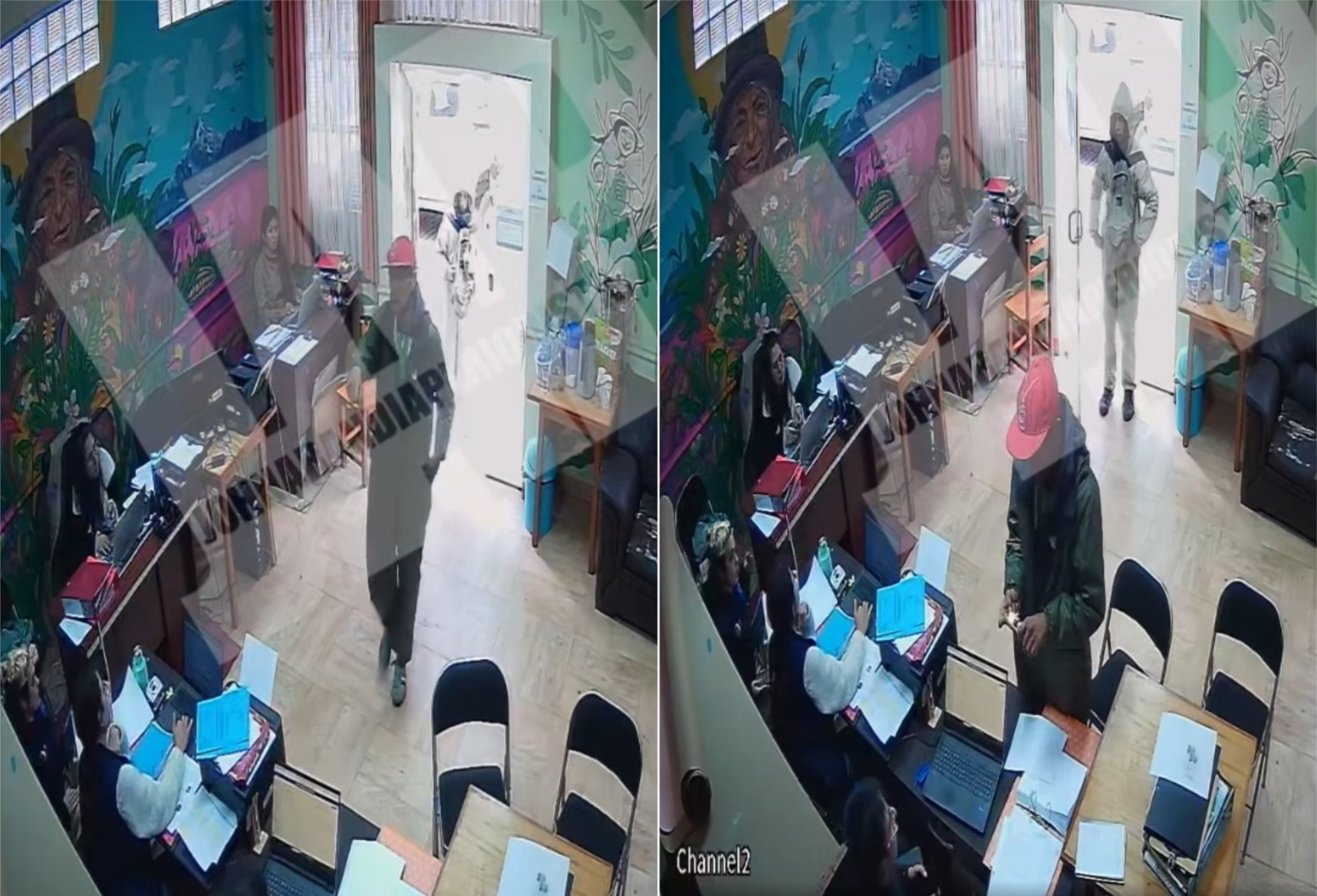 Imágenes de la cámara de seguridad de la ONG en El Alto, donde se ve al principal implicado y su acompañante en la puerta. Capturas: John Arandia