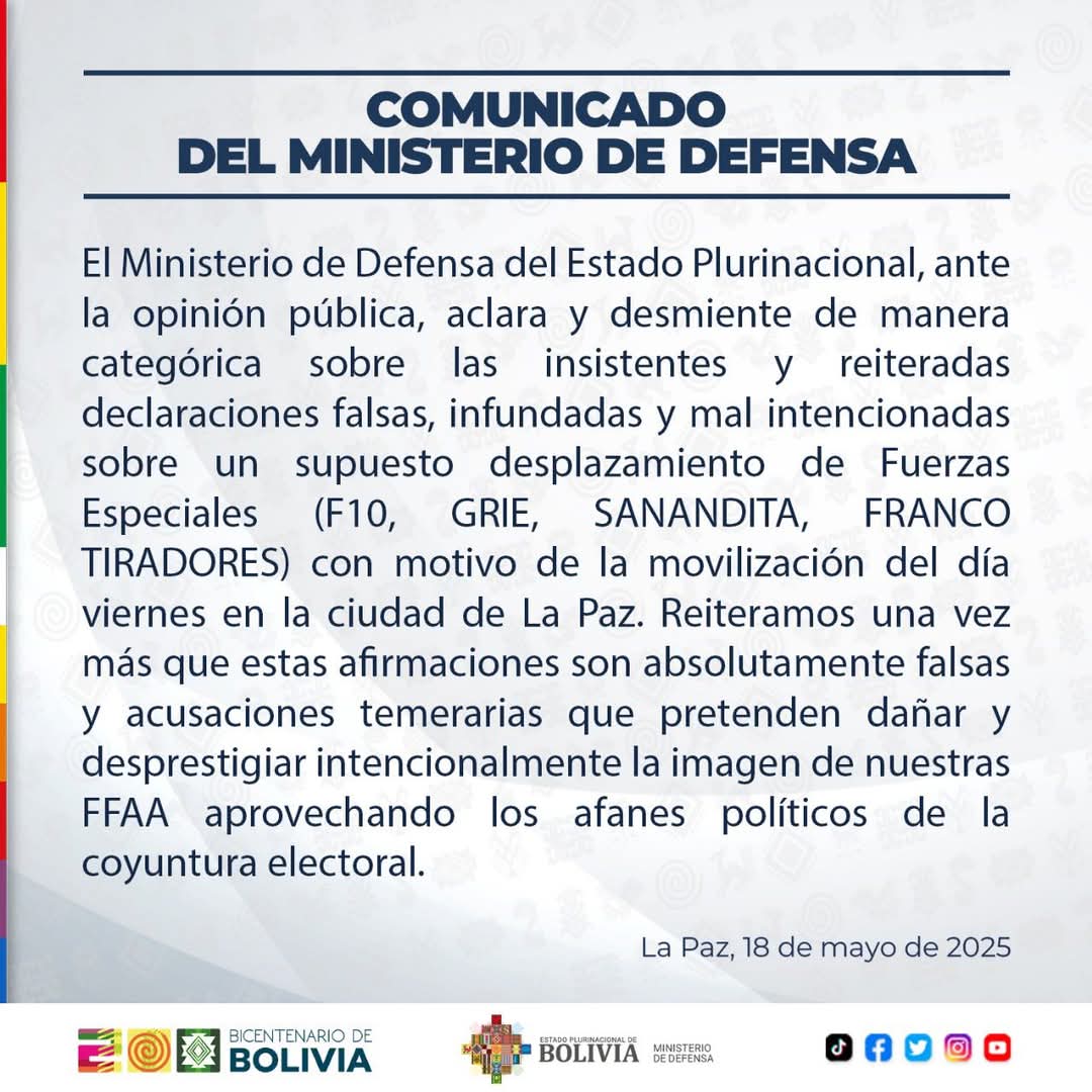 Defensa desmiente reiteradas declaraciones falsas sobre un supuesto desplazamiento de Fuerzas Especiales a La Paz