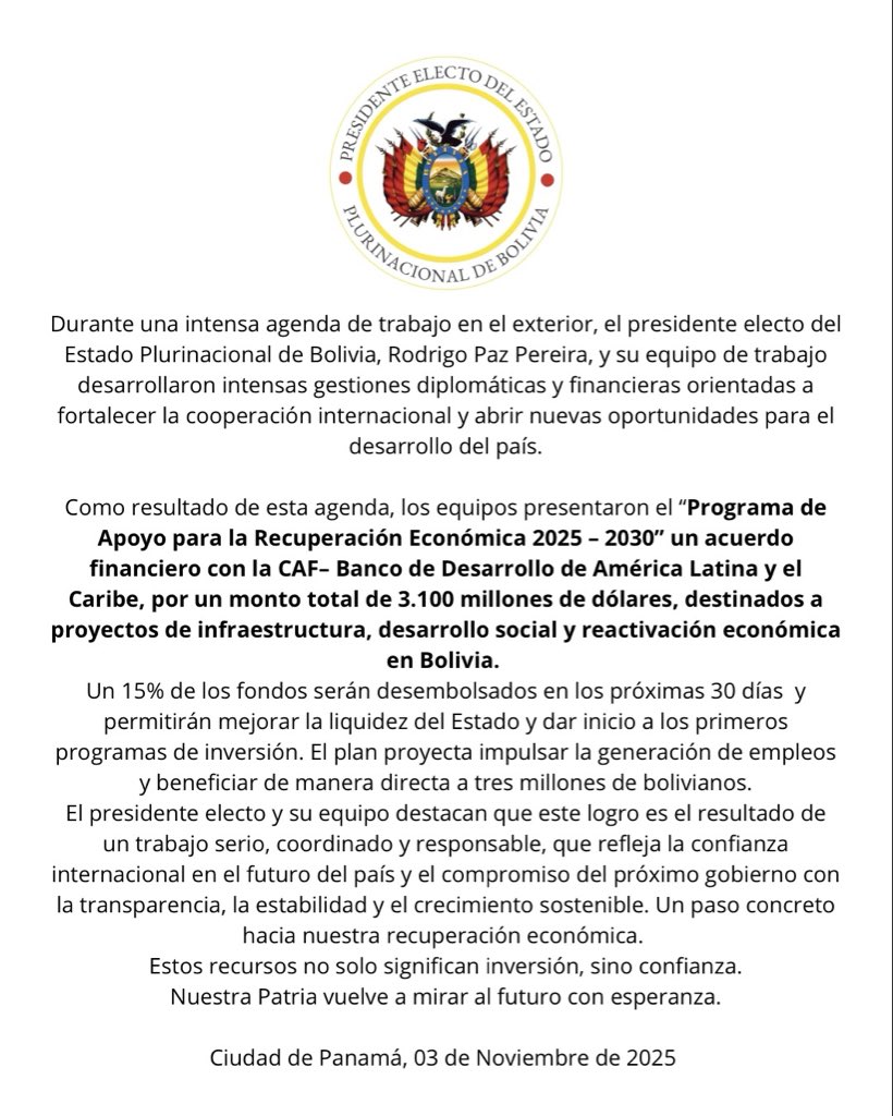 Paz asegura financiamiento internacional por $us 3.100 millones para impulsar la recuperación económica