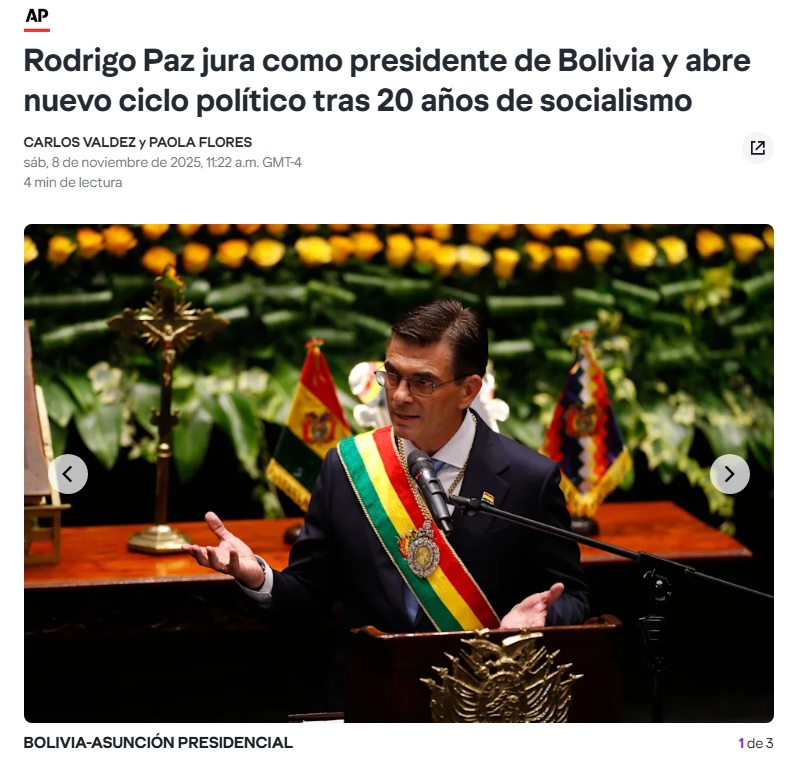 Prensa internacional destaca posesión de Rodrigo Paz como presidente de Bolivia