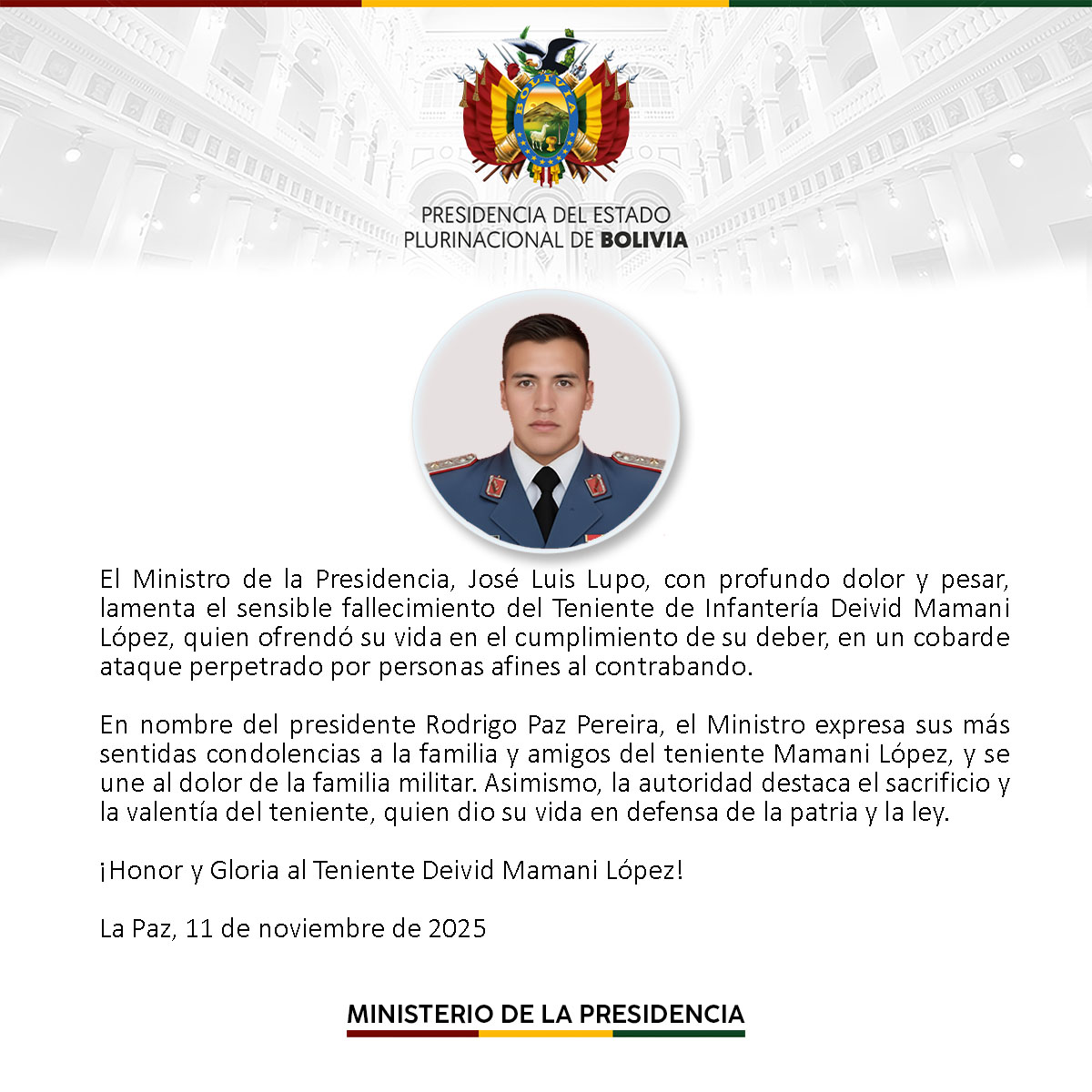 Presidente Paz expresa condolencias a familia del militar fallecido en operativo anticontrabando