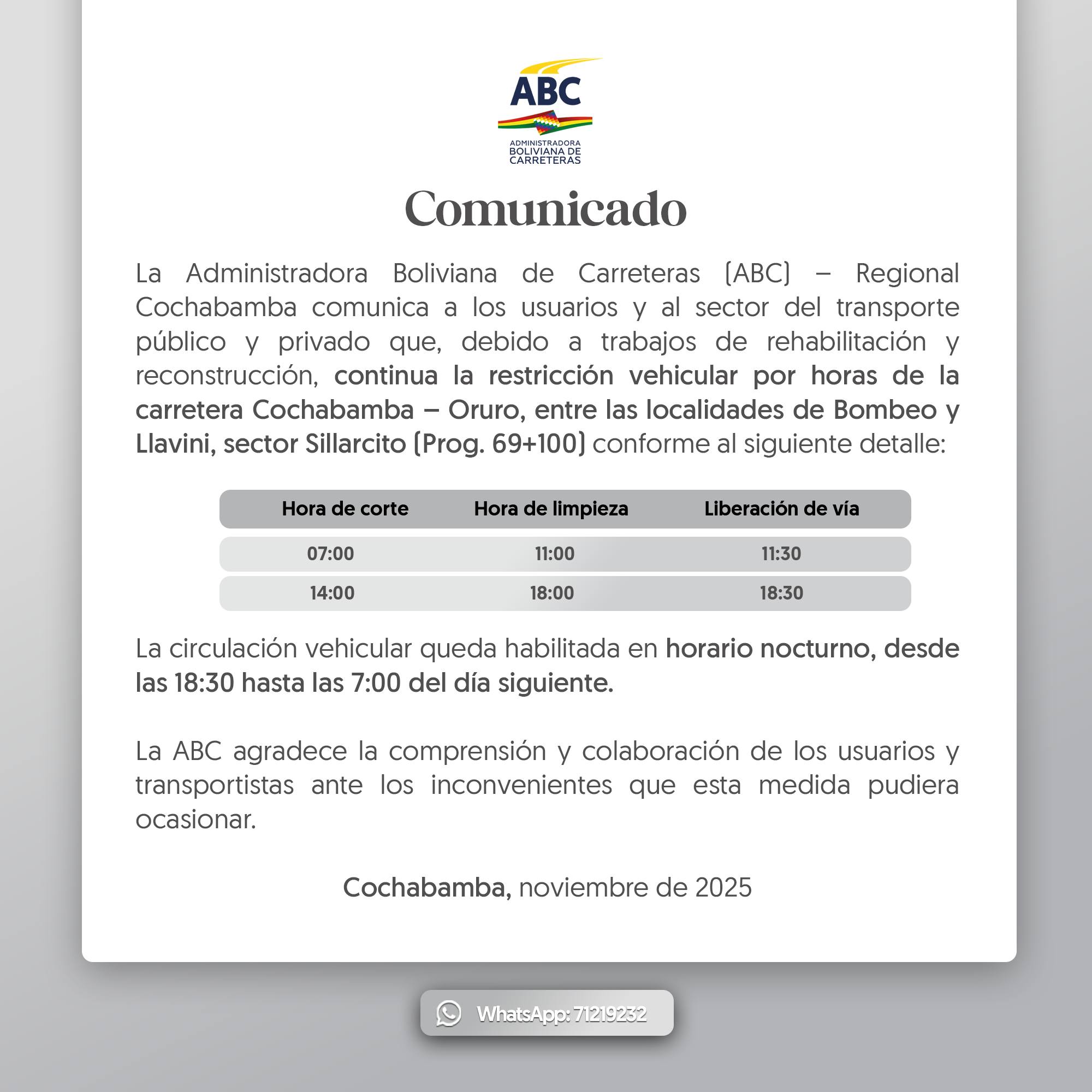 ABC habilita circulación vehicular en la carretera Cochabamba – Oruro en horario nocturno