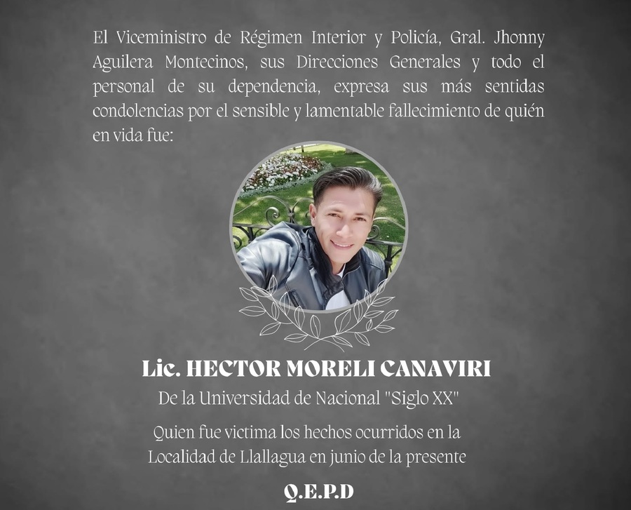 Presidente lamenta fallecimiento del dirigente universitario Héctor Moreli, víctima de la violencia en los bloqueos de Llallagua