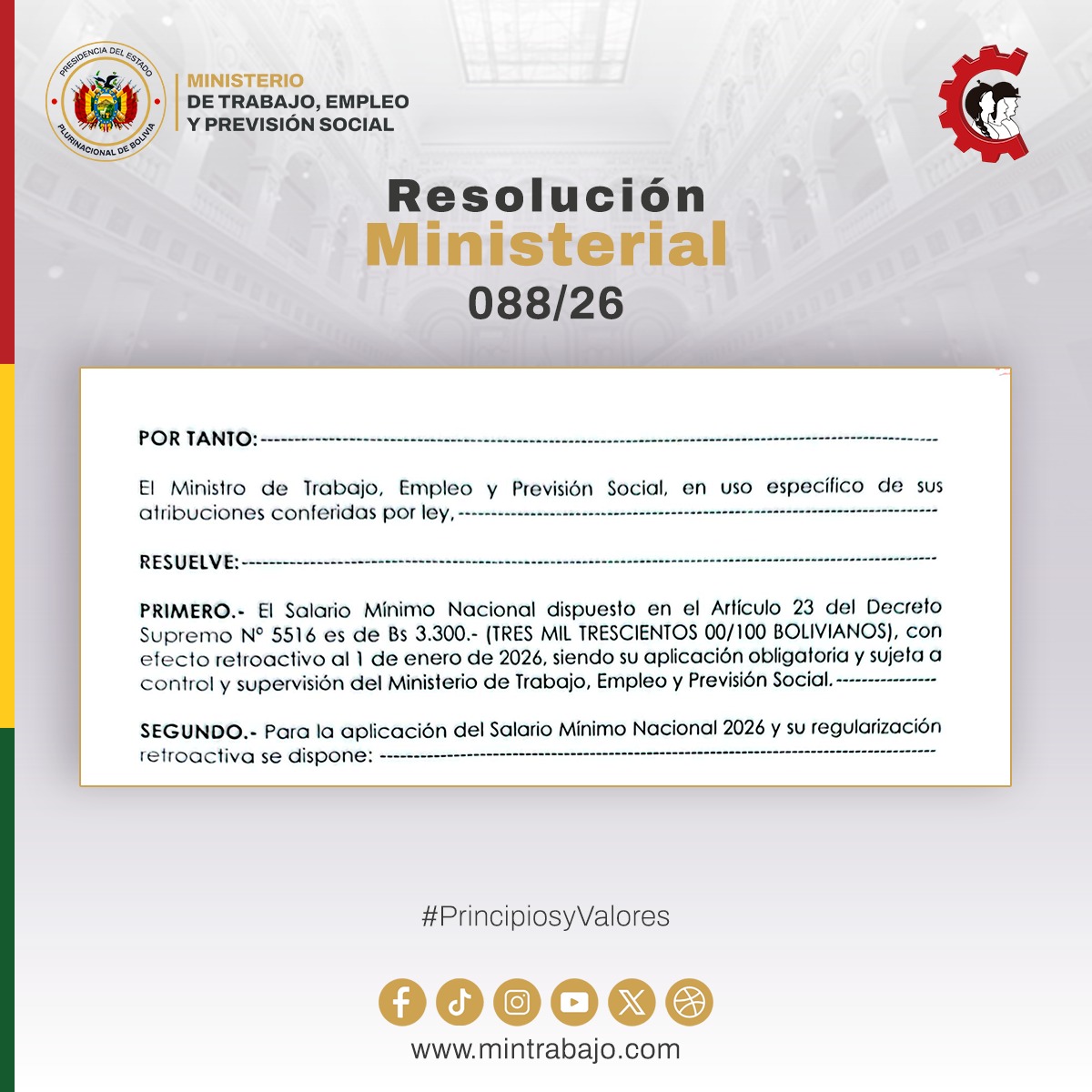El salario mínimo de Bs 3.300 rige desde el 1 de enero de 2026: qué establece el reglamento