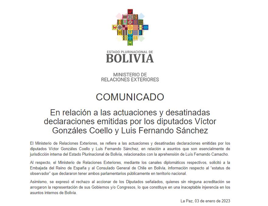 Bolivia rechaza accionar de legisladores de España y Chile y pide informe a sus gobiernos