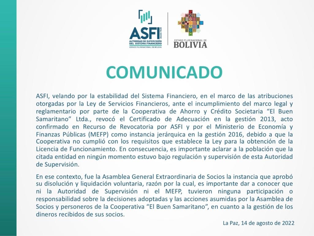 La ASFI revoca el Certificado de Adecuación de la cooperativa “El Buen Samaritano”