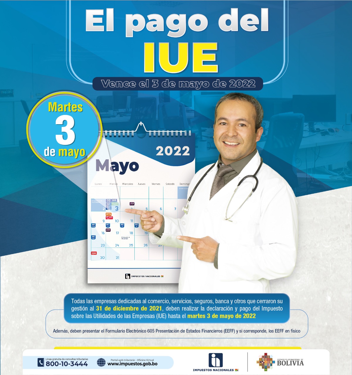 Comercio, servicios, seguros, banca y otros deben pagar el IUE hasta el 3 de mayo