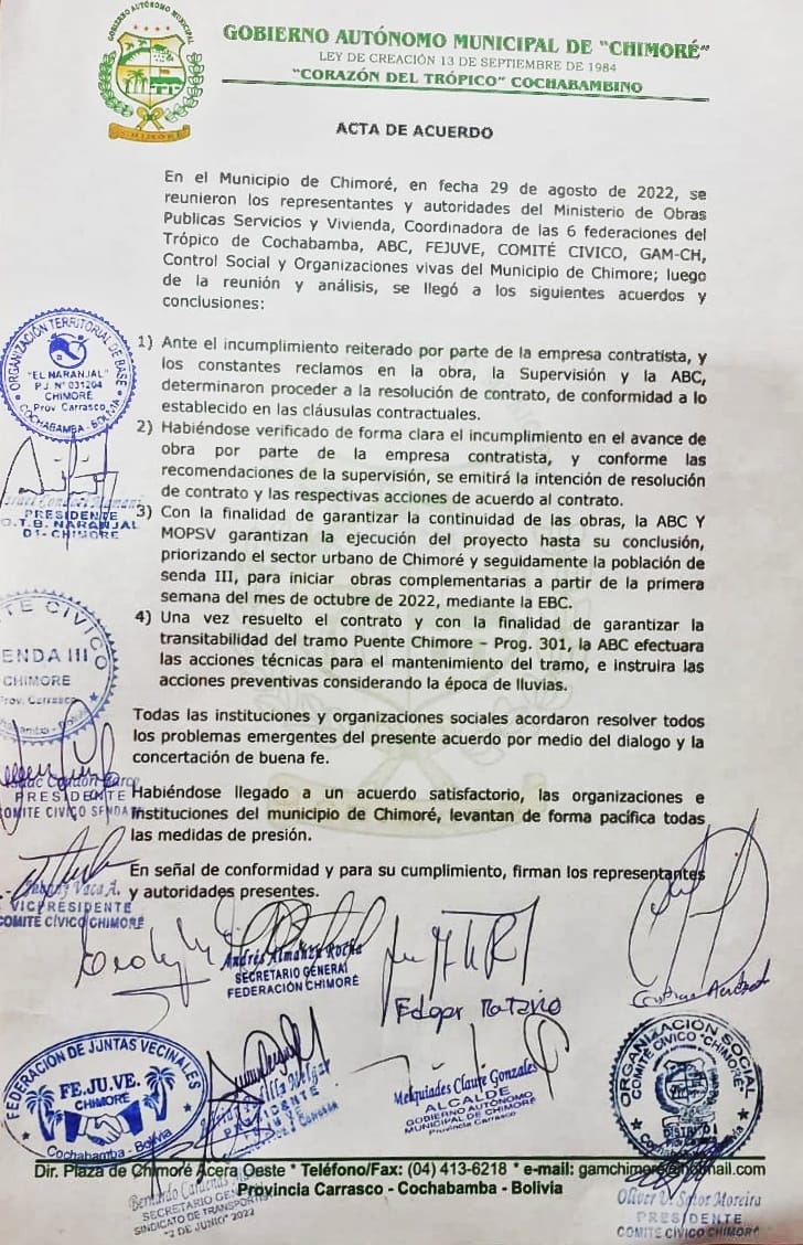 Suspenden bloqueos en Chimoré; Gobierno determina la resolución del contrato con Ciabol
