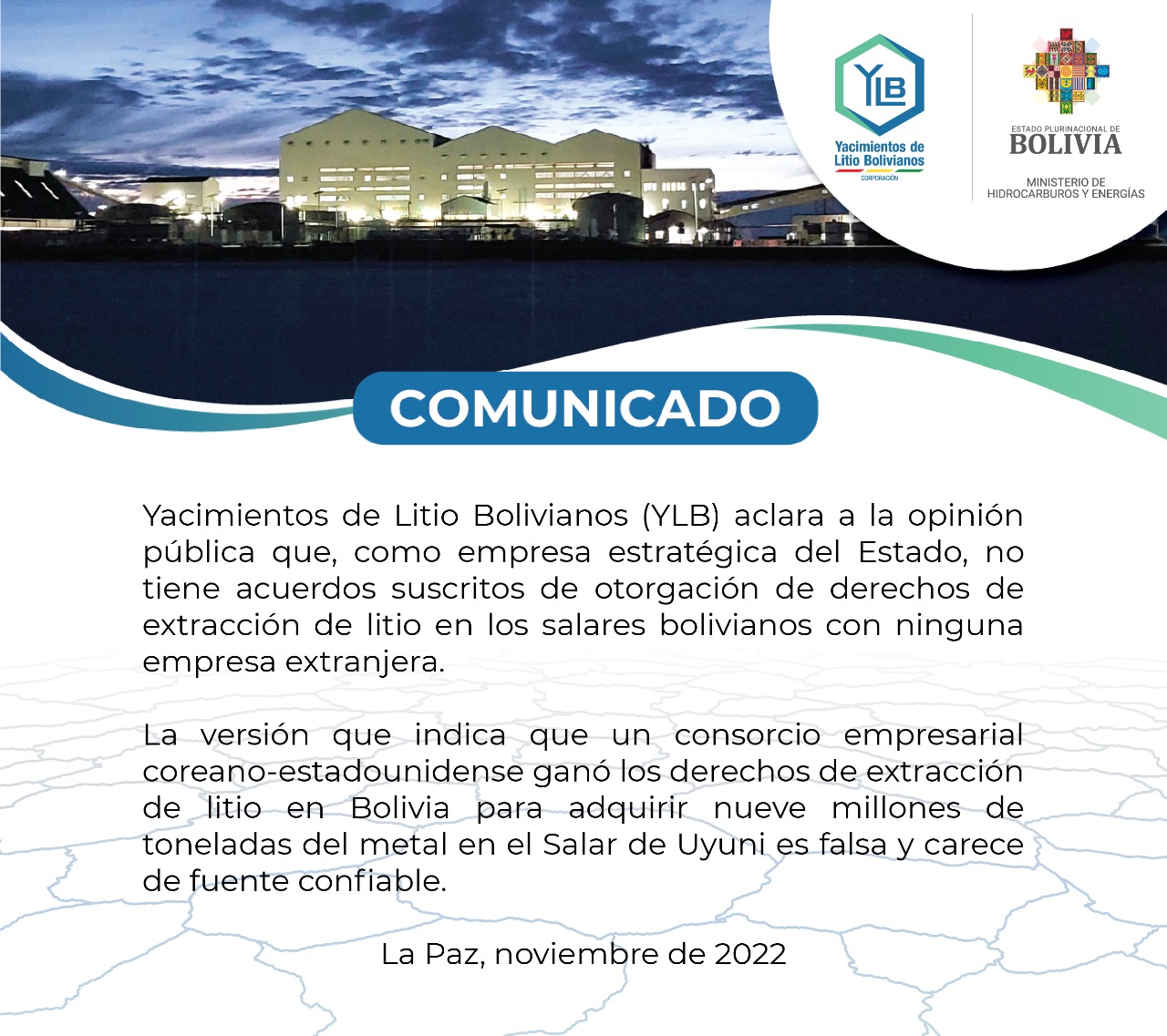 YLB aclara que no tiene acuerdos de otorgación de derechos de extracción de litio con ninguna empresa extranjera