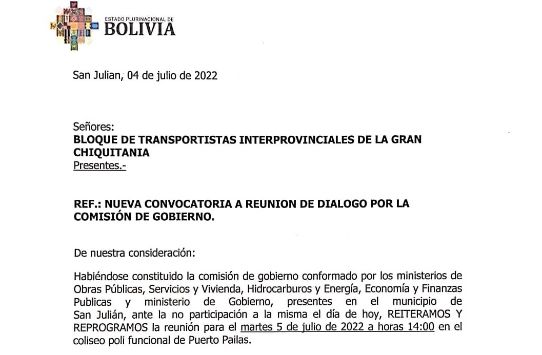 Gobierno convoca nuevamente a transportistas de la Gran Chuquitania a dialogar este martes 
