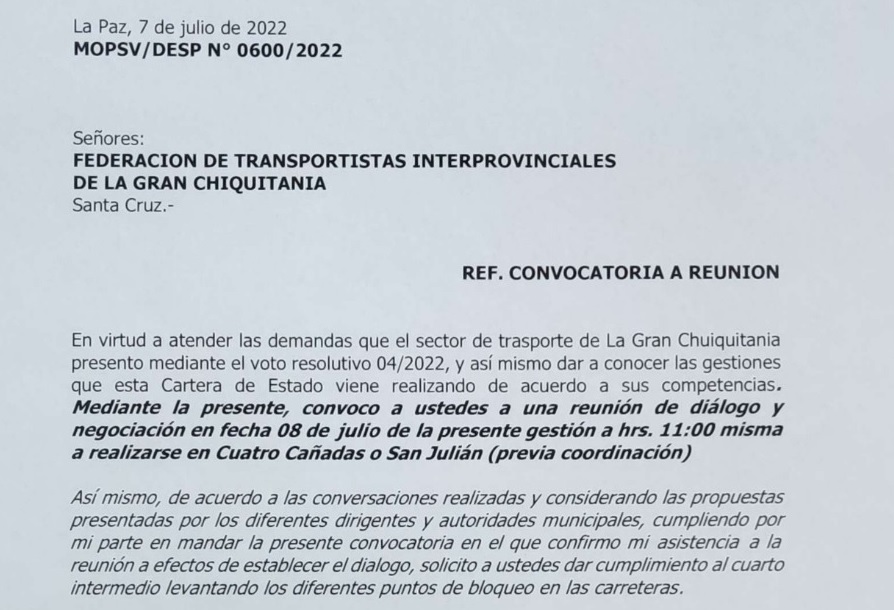 Montaño convoca a transportistas de la Chiquitania a una reunión mañana e insta a levantar bloqueos