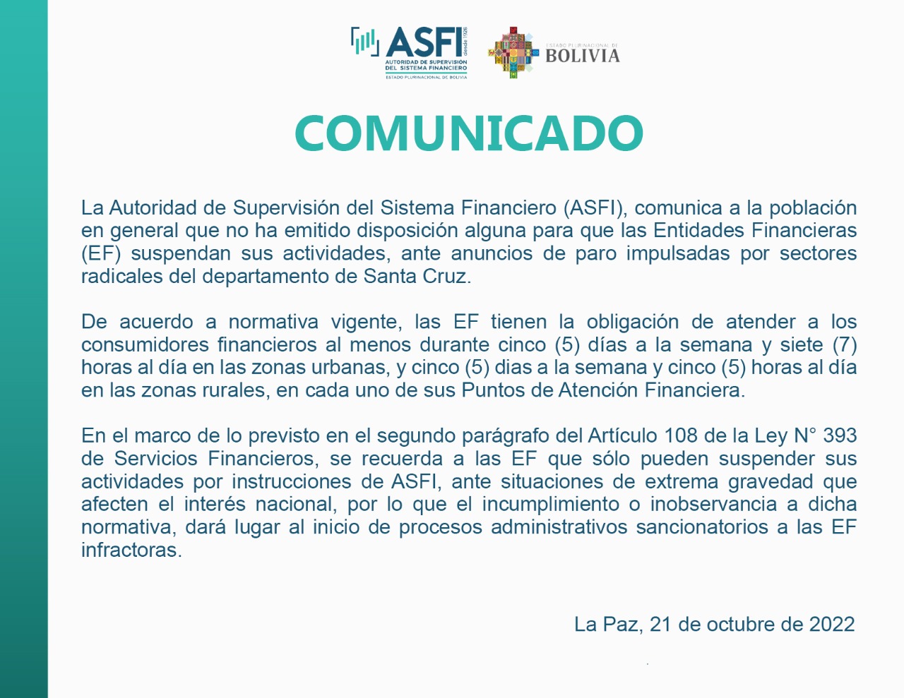 ASFI no emitió disposición para que financieras suspendan actividades ante paro en Santa Cruz
