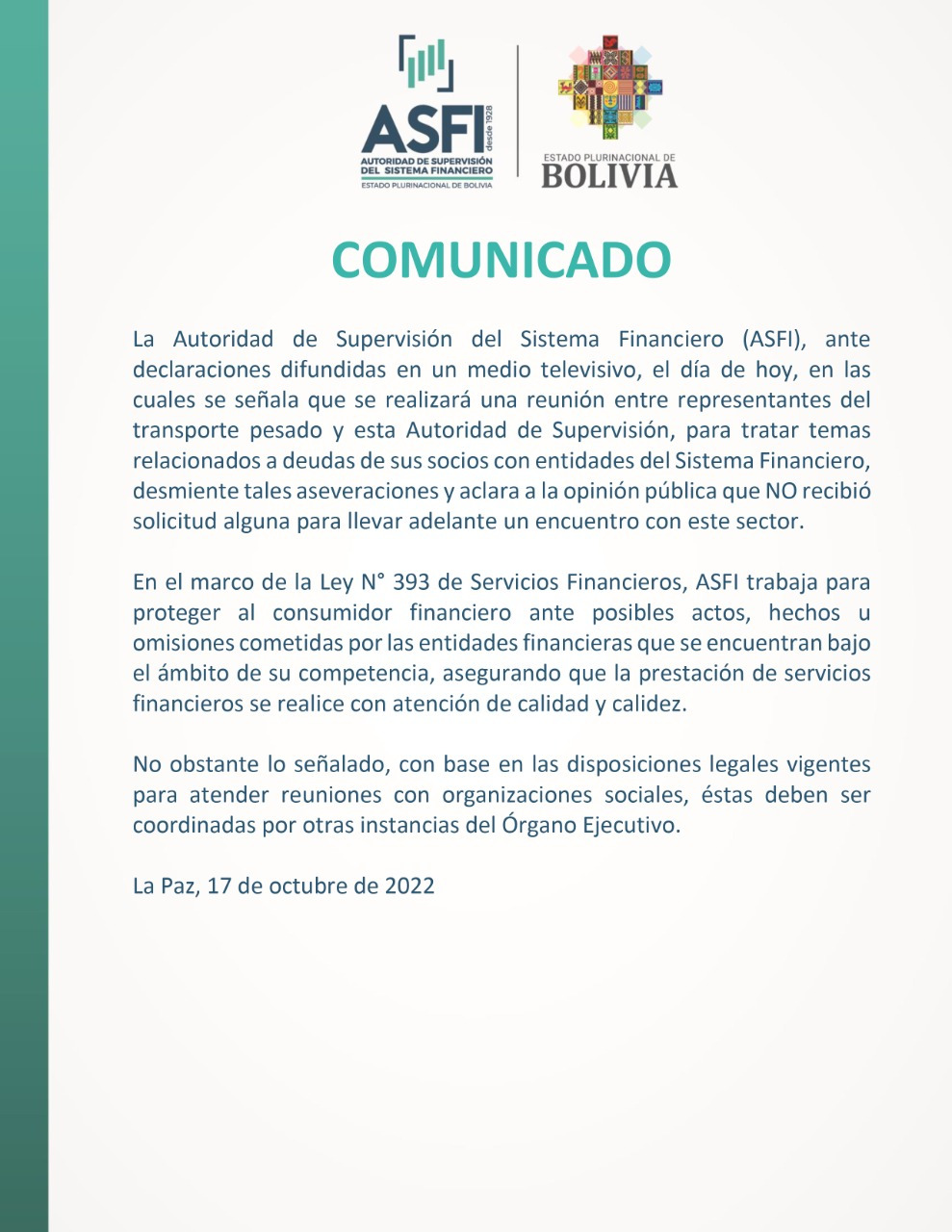 ASFI aclara que no recibió ninguna solicitud de reunión con el transporte pesado