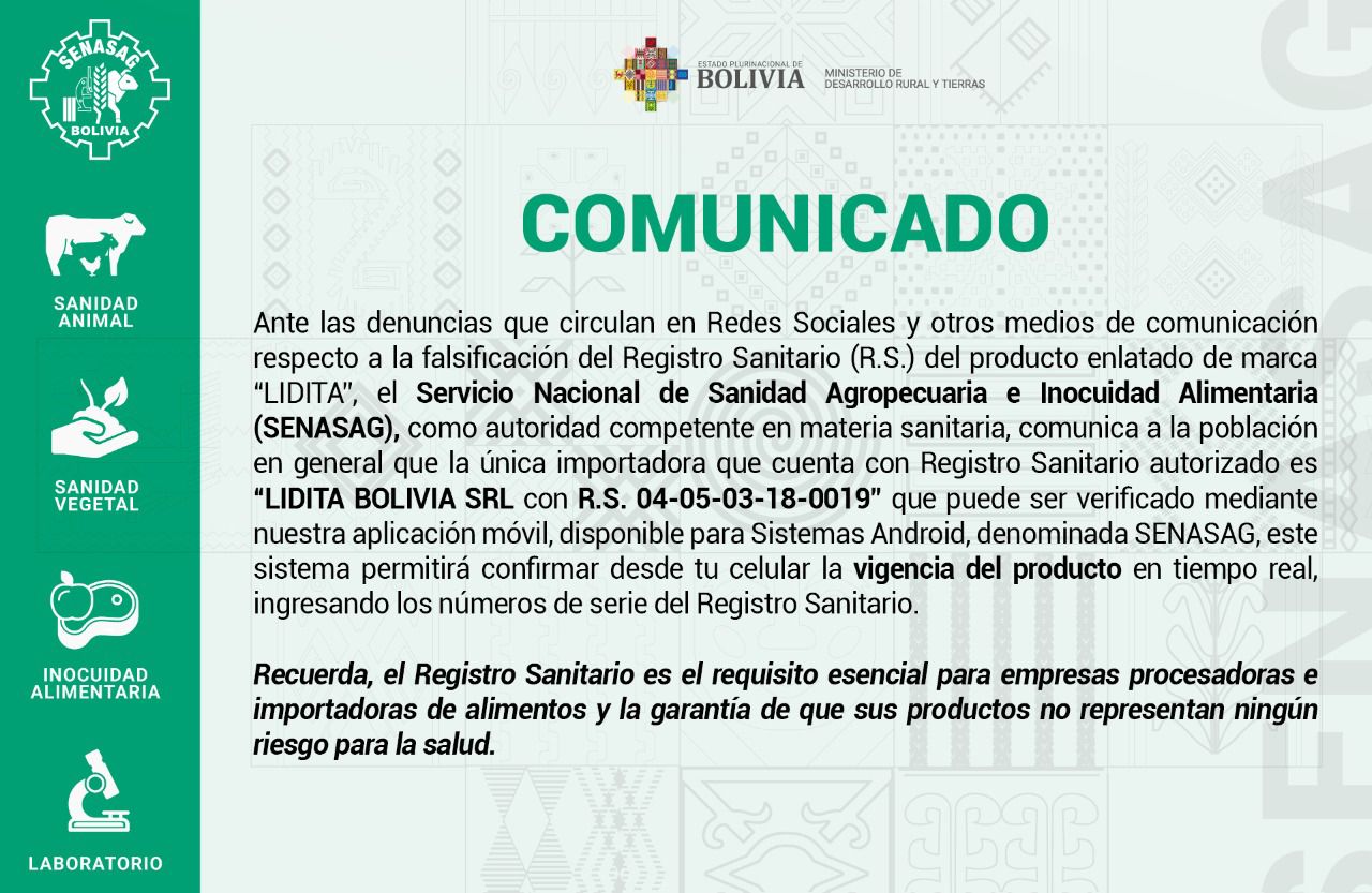 Senasag aclara que “Lidita Bolivia” es la única importadora con Registro Sanitario autorizado