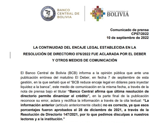 BCB: El Deber reconoce haber difundido información errónea sobre el encaje legal