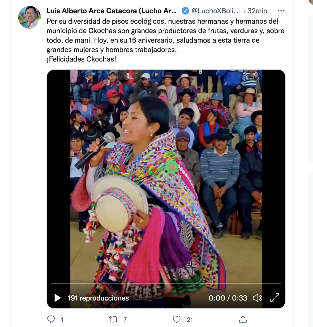 Presidente saluda al municipio de Ckochas por su 16 aniversario y elogia su capacidad productiva