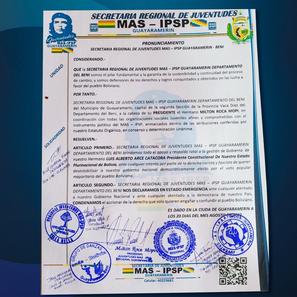 Arce saluda a juventudes del MAS-IPSP de Guayaramerín por su espíritu revolucionario