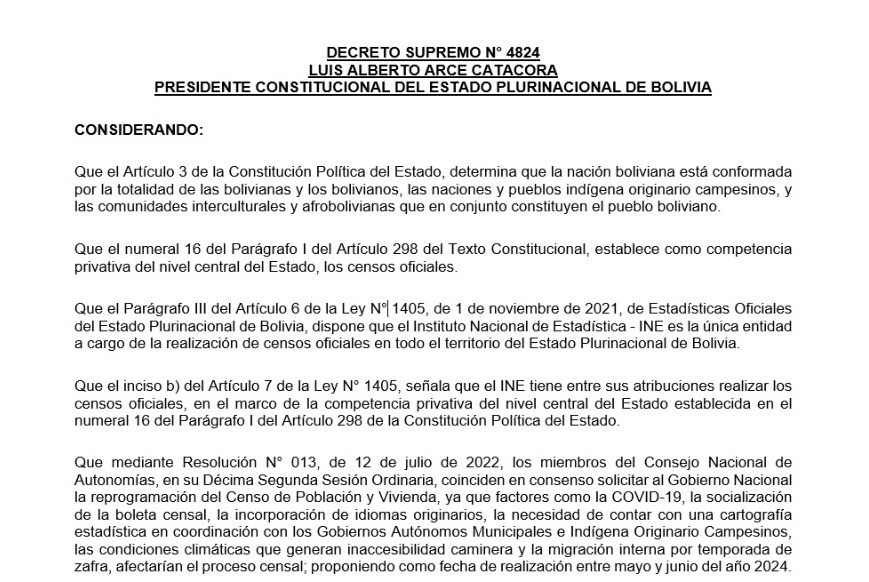 Presidente aprueba DS 4824 que garantiza la realización del Censo de Población y Vivienda en marzo de 2024 
