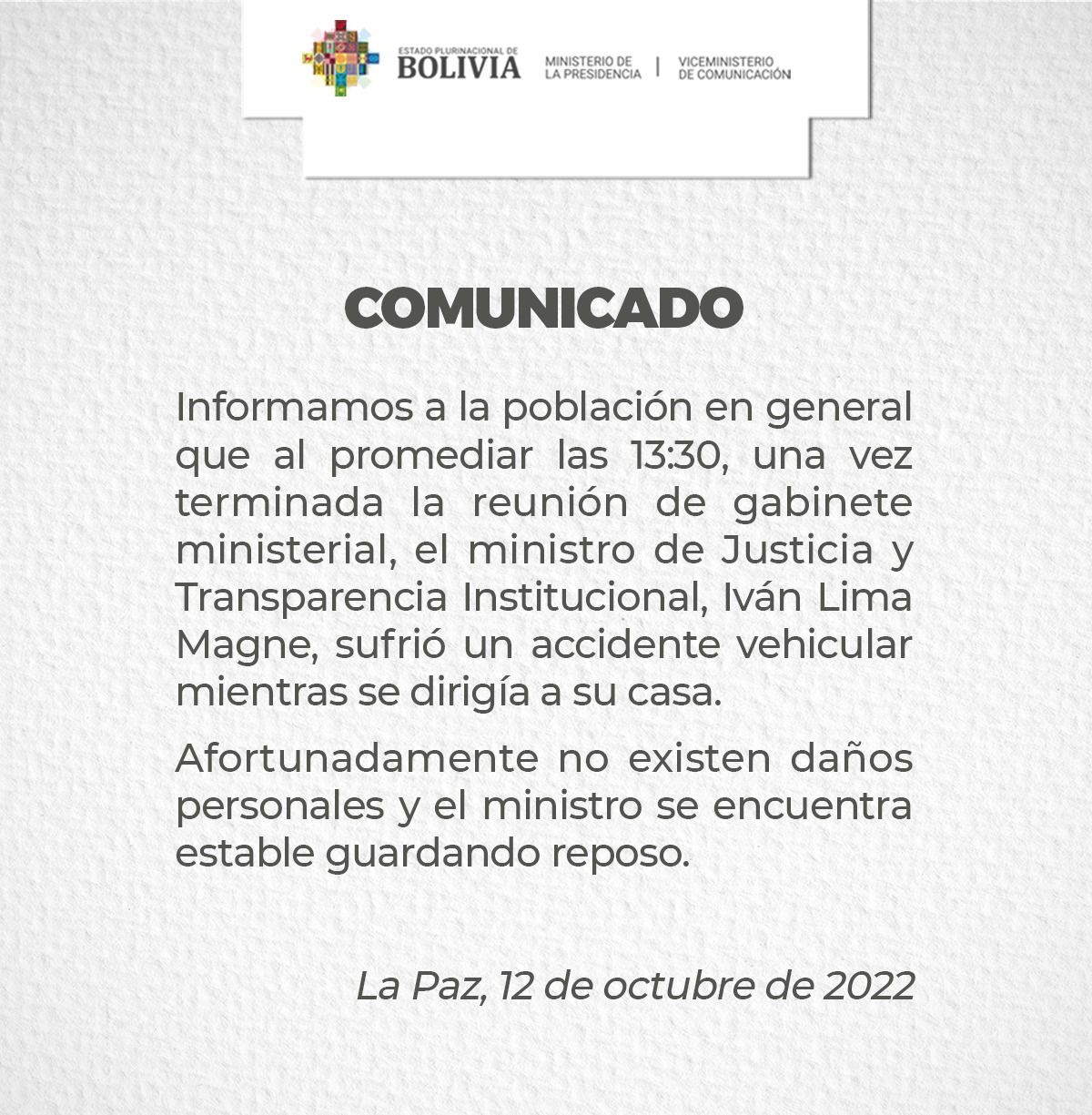 Ministro de Justicia sufre accidente vehicular sin daños personales, guarda reposo