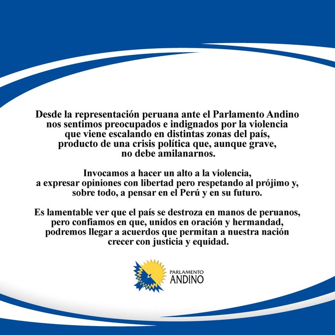 Parlamento Andino expresa su indignación por la crisis política en Perú e invoca un alto a la violencia 
