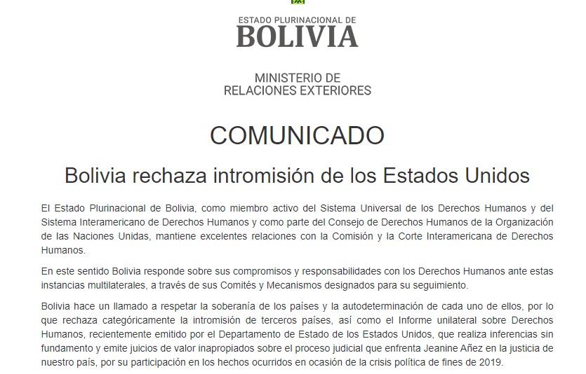 Bolivia rechaza intromisión de Estados Unidos en asuntos internos sobre hechos de 2019
