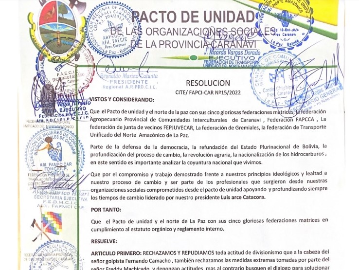 Organizaciones sociales de Caranavi condenan “intentos golpistas” de Camacho y respaldan al Gobierno de Arce