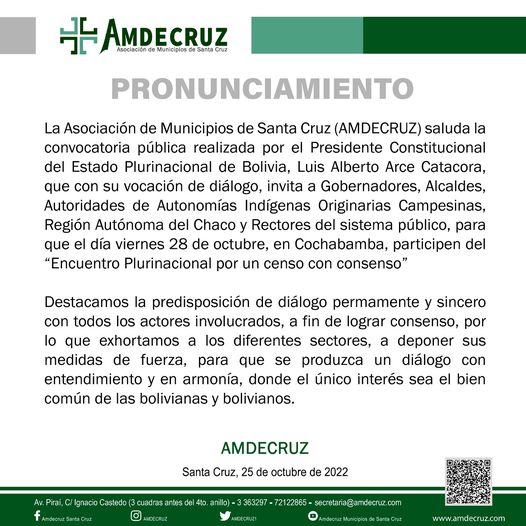 Amdecruz asistirá a Encuentro Plurinacional por el Censo en Cochabamba