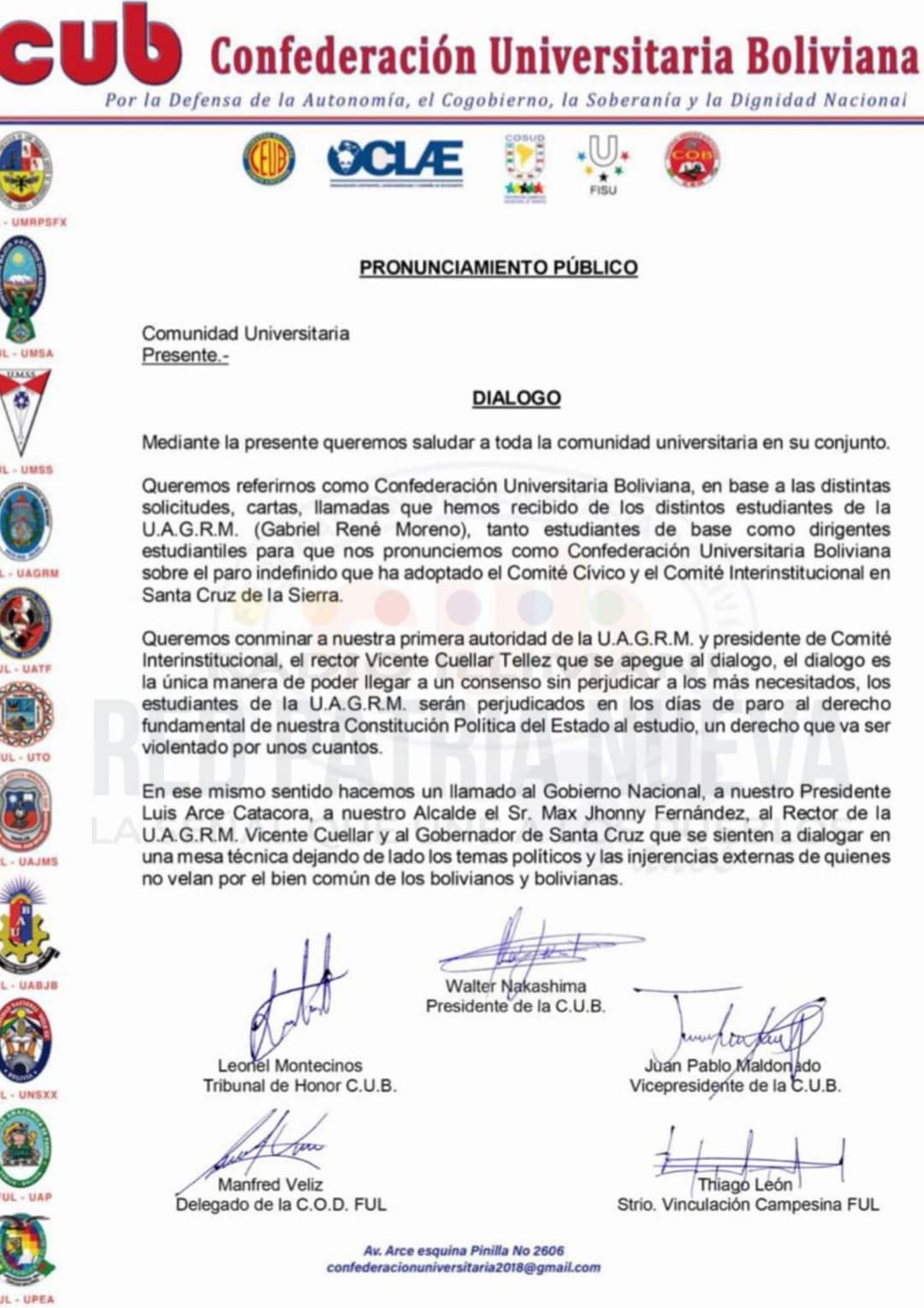 La CUB conmina al rector de la UAGRM a ir al diálogo y no afectar a estudiantes con paros