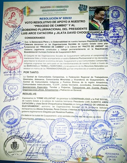 Pacto de Unidad Guayaramerín anuncia la “firme voluntad de garantizar la gobernabilidad y la paz social del Estado”