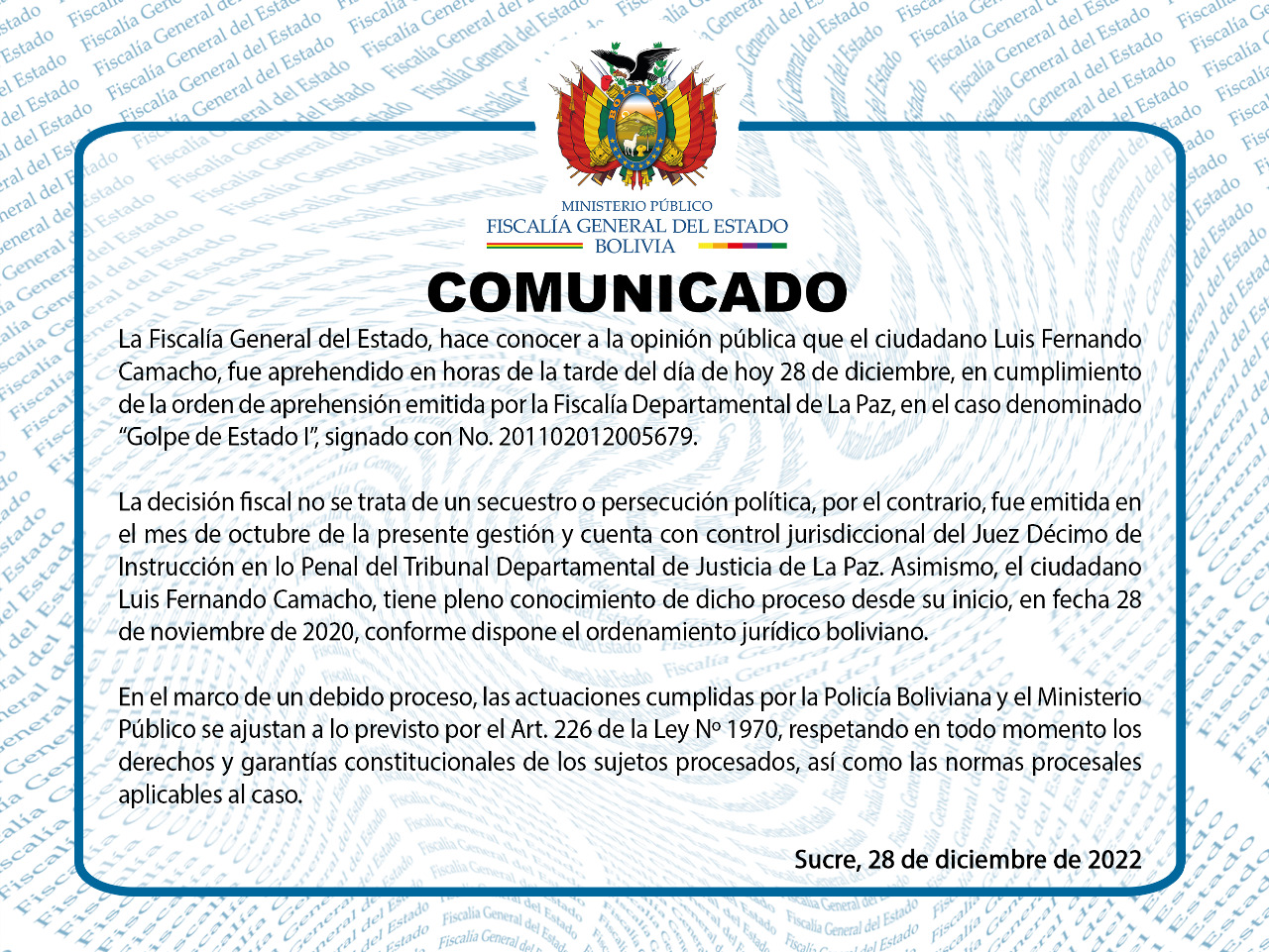 Fiscalía asegura que Camacho fue aprehendido por orden fiscal y descarta la denuncia de secuestro