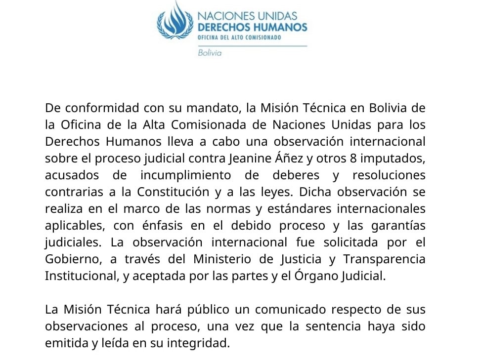 Alta Comisionada de DDHH señala que lleva adelante una observación internacional sobre el proceso contra Áñez a solicitud del Gobierno