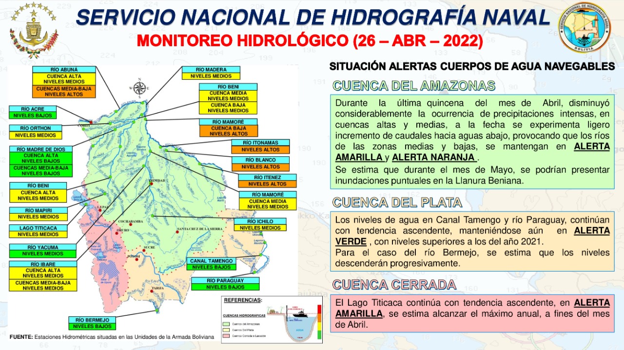 Armada Boliviana: Mantienen alerta amarilla y naranja en ríos de la cuenca del Amazonas