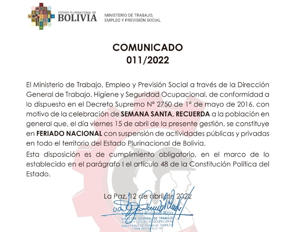 Ministerio de Trabajo dispone feriado nacional para el viernes 
