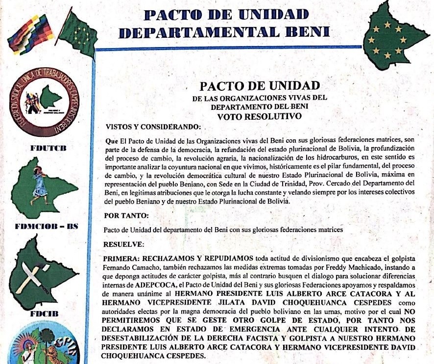 Pacto de Unidad de Beni respalda al Gobierno y se declara en emergencia ante “intentos de desestabilización” 