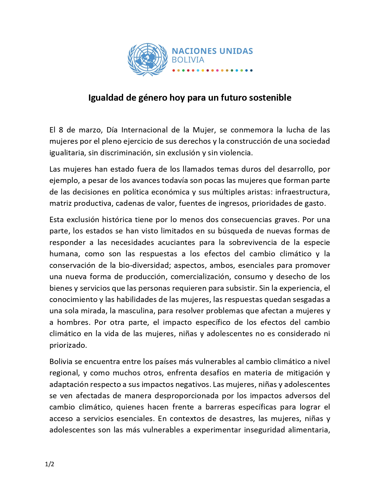ONU plantea la igualdad de género para garantizar un futuro sostenible en Bolivia
