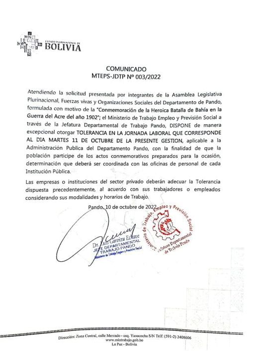 Trabajo dispone tolerancia laboral en Pando por los actos de homenaje a la Batalla de Bahía