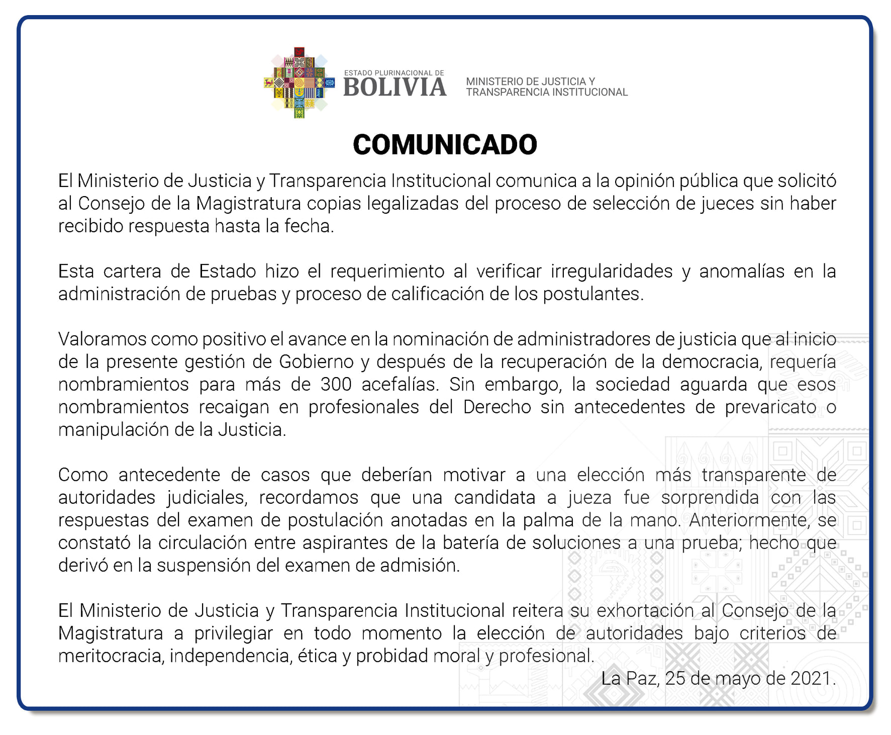 Ministerio de Justicia exhorta al Consejo de la Magistratura a elegir autoridades bajo criterios de ética y moral