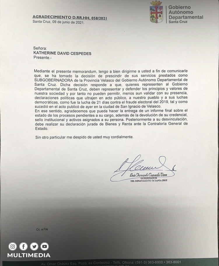 Camacho destituye a subgobernadora de la provincia Velasco por participar en un acto del Ministerio de Defensa