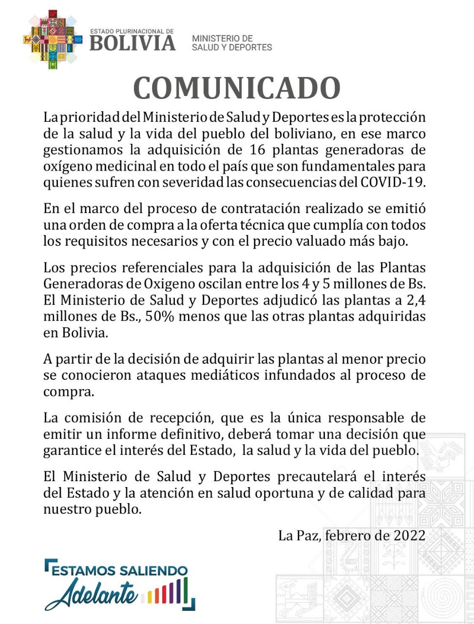 Salud: Plantas generadoras de oxígeno fueron adjudicadas en 50% menos precio que otras