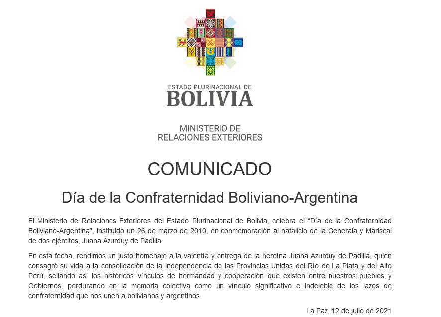 El Estado Plurinacional celebra el Día de la Confraternidad Boliviano-Argentina