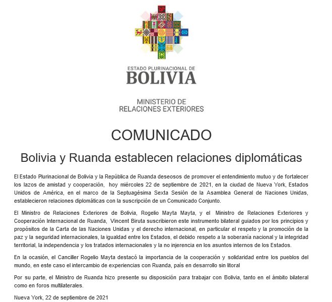Bolivia y Ruanda establecen relaciones diplomáticas
