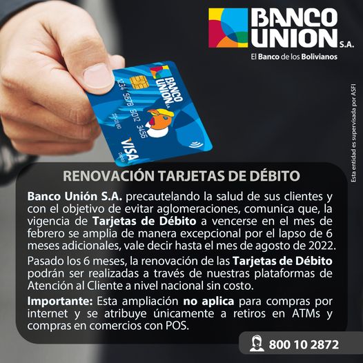 Banco Unión amplía hasta agosto la vigencia de tarjetas de débito que vencen en febrero