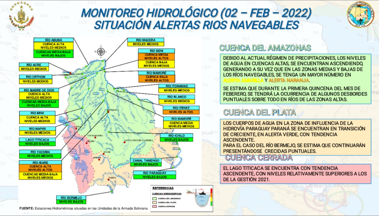 Armada Boliviana reporta alerta amarilla y naranja en ríos navegables de la cuenca del Amazonas