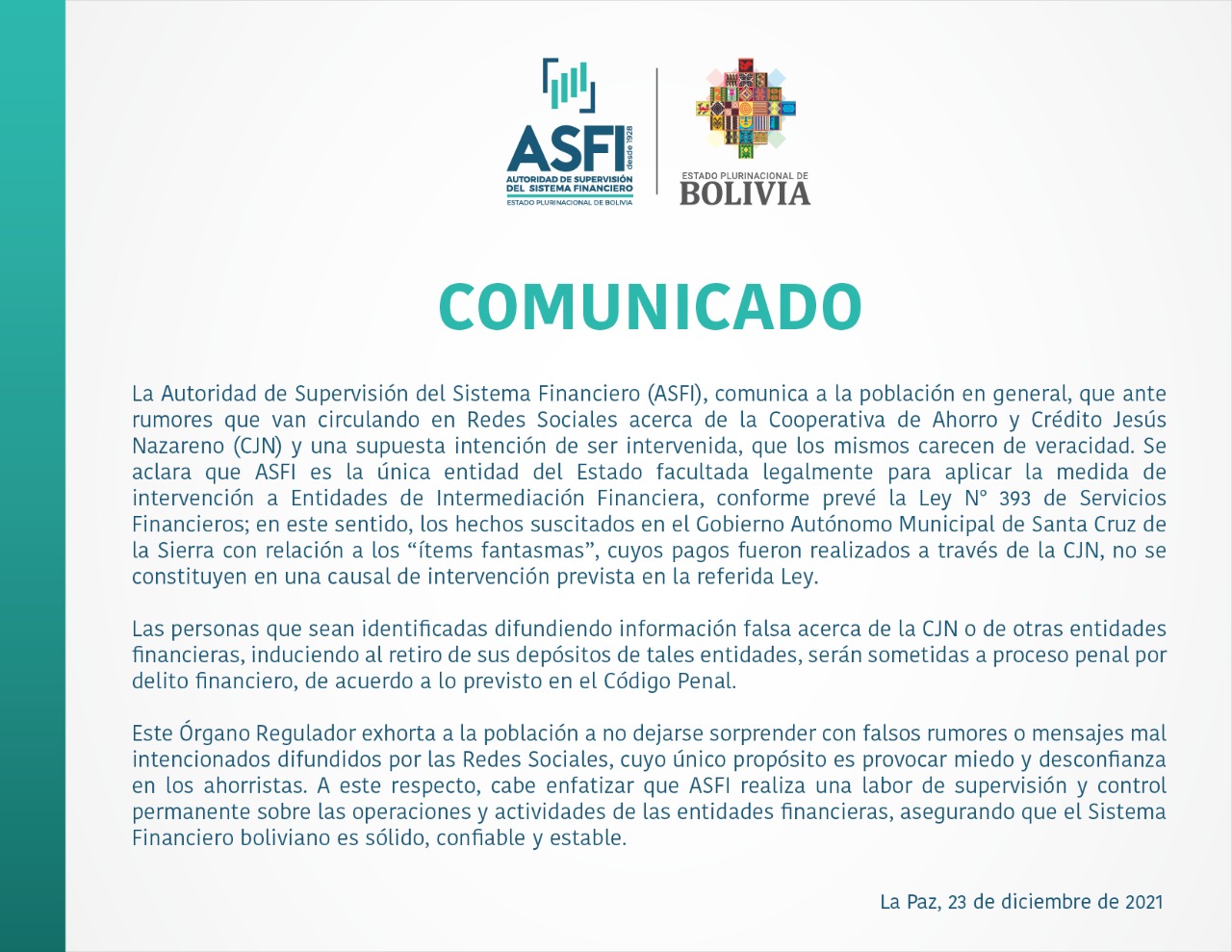 ASFI desmiente intervención a la Cooperativa Jesús Nazareno y advierte proceso a quienes difundan información falsa