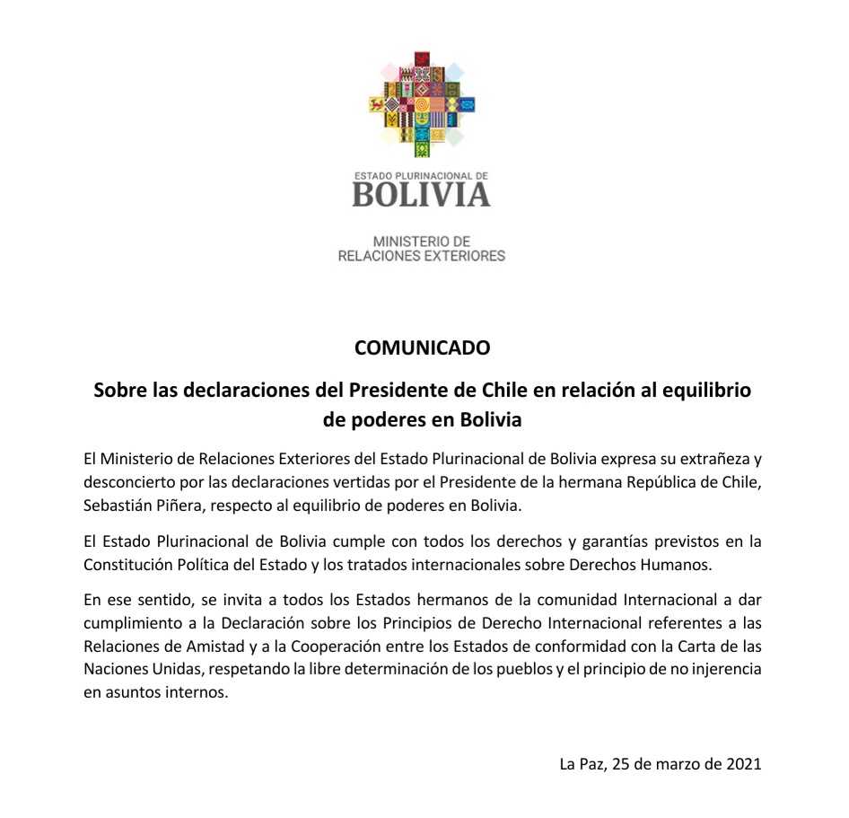 Bolivia exige respeto al principio de no injerencia tras las declaraciones de Piñera