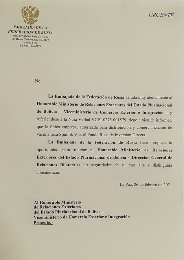 Cancillería: Fondo Ruso de Inversión Directa es el único autorizado para venta de vacuna Sputnik V