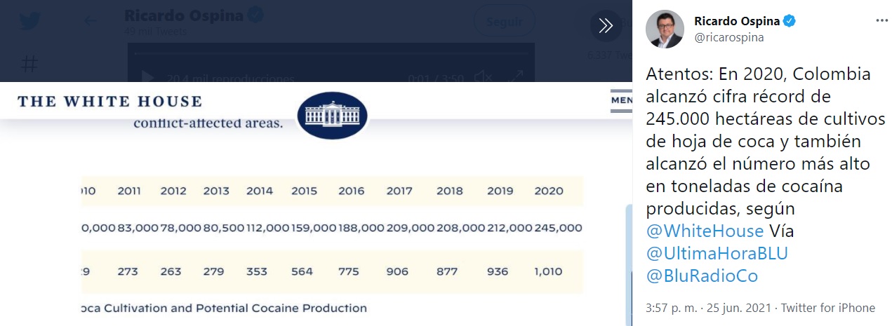 EEUU registra aumento récord de cultivos de coca en Colombia y Perú así como disminución en Bolivia