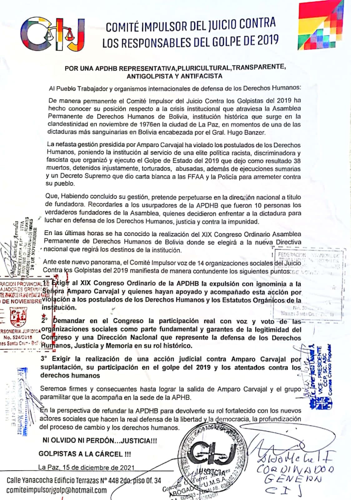 Comité impulsor de juicio contra golpistas de 2019 exige que Amparo Carvajal sea expulsada con ignominia de la APDHB