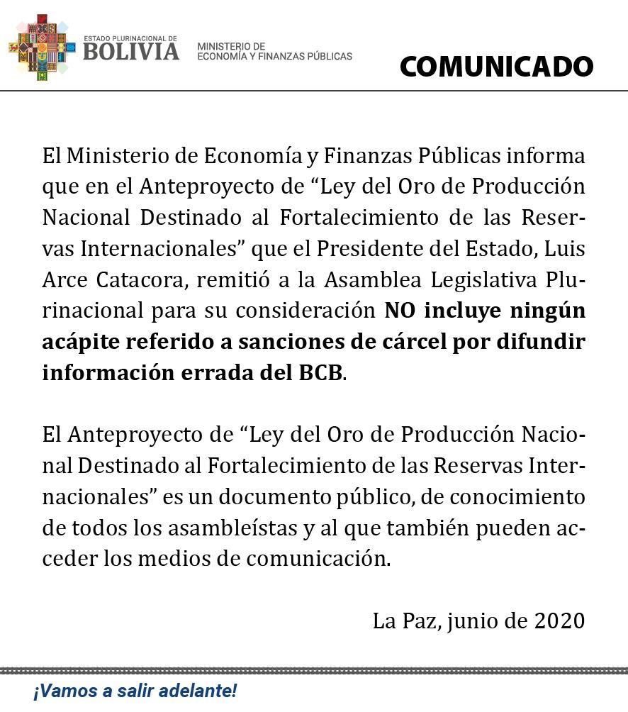Anteproyecto de Ley del oro de producción nacional no incluye acápite sobre sanciones por difundir información errada del BCB